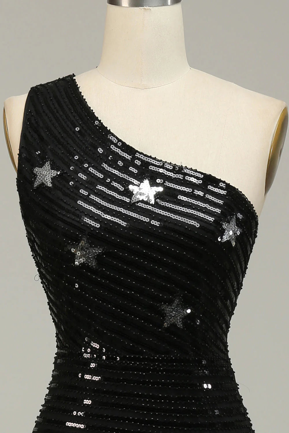Wholesa Sparkly Sequins One Shoulder Long Prom Dress with Stars