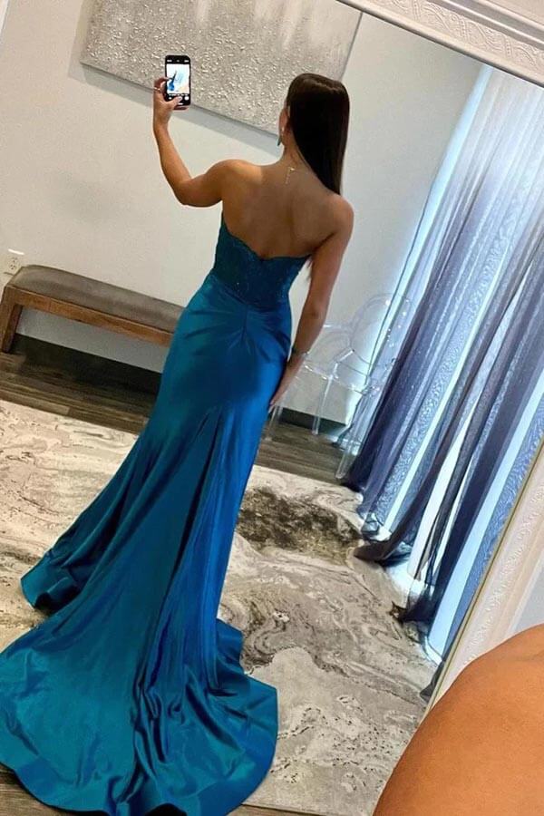 Wholesa Mermaid Strapless Satin Long Prom Dresses With Lace Appliques