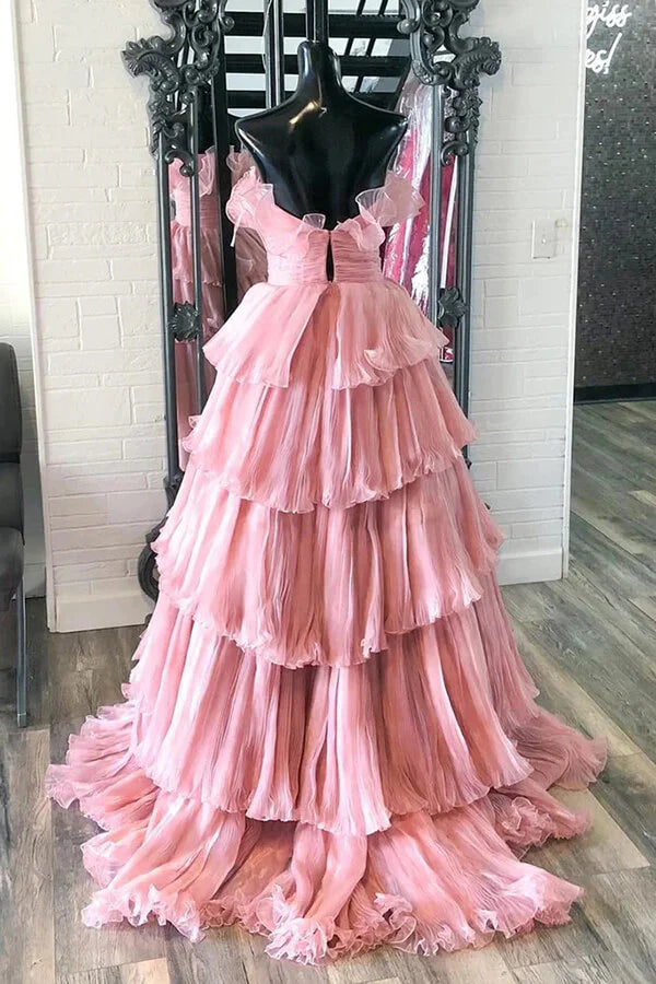 Wholesa A-line Strapless Tulle Long Prom Dresses With Ruffles