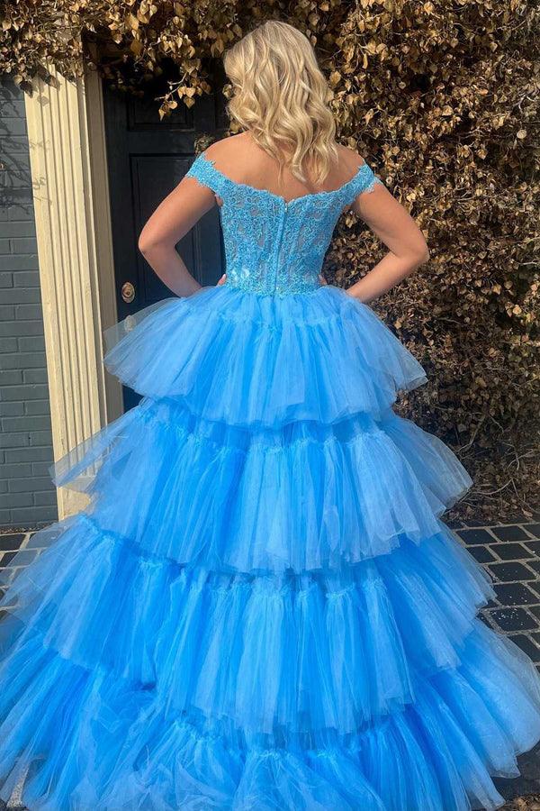 Wholesa A-line Off-the-Shoulder Blue Tulle Lace High-Low Tiered Prom Dress