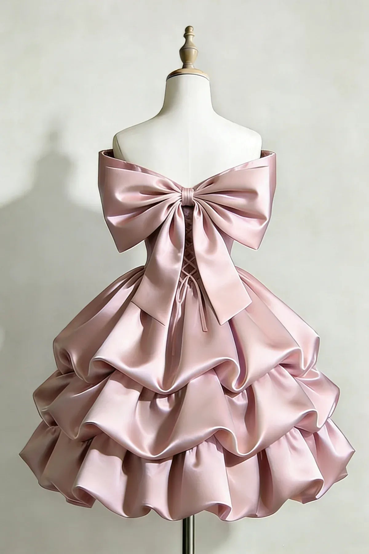 Blush Off Shoulder Bow Corset Tiered Ruffle A-Line Homecoming Dress