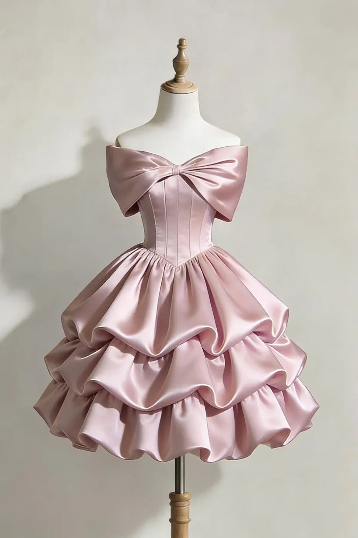 Blush Off Shoulder Bow Corset Tiered Ruffle A-Line Homecoming Dress