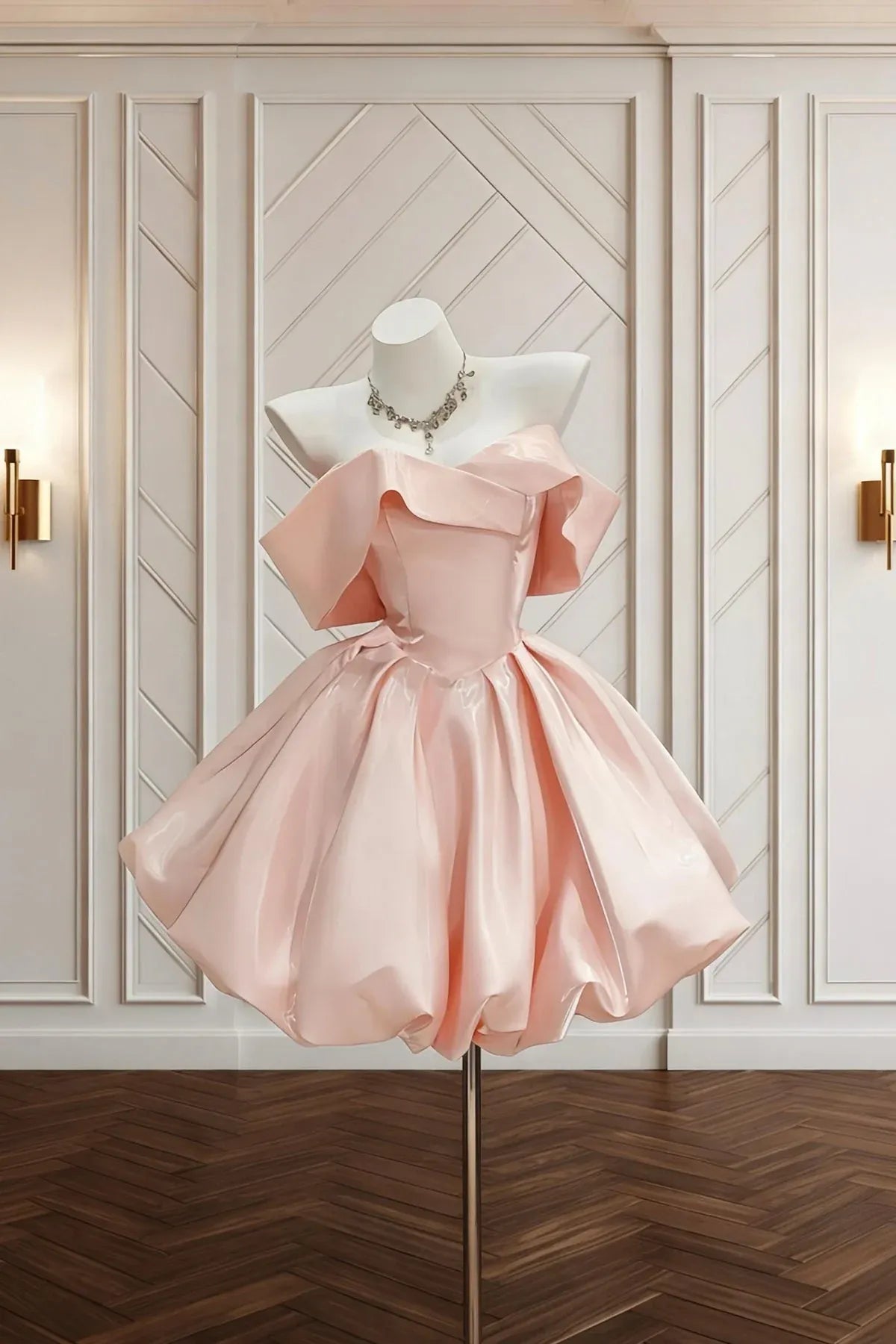 Blush Off Shoulder Structured Neckline Bubble Hem A-Line Mini Homecoming Dress