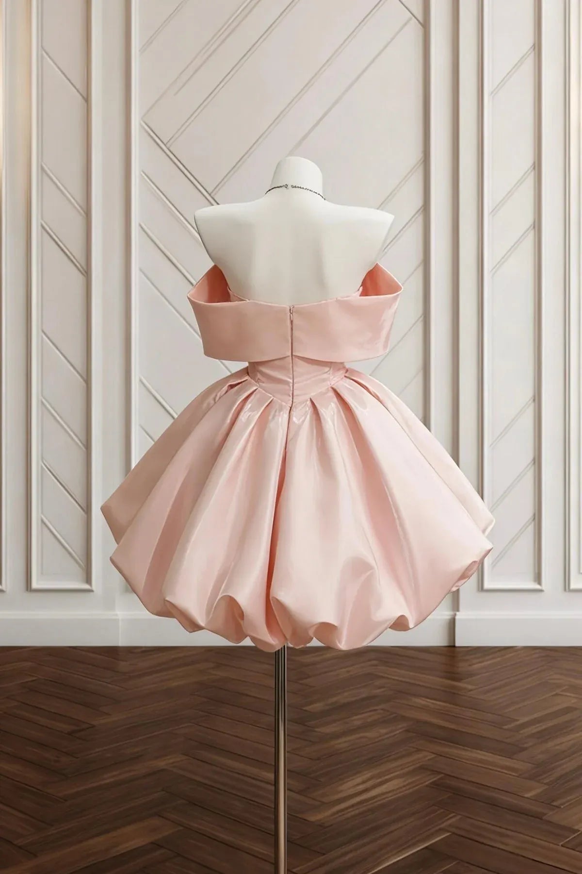 Blush Off Shoulder Structured Neckline Bubble Hem A-Line Mini Homecoming Dress