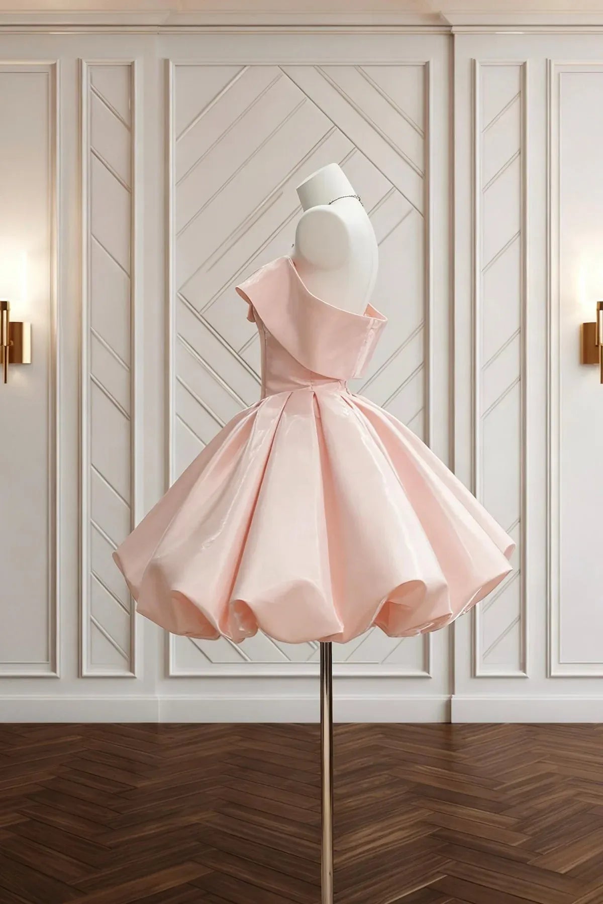 Blush Off Shoulder Structured Neckline Bubble Hem A-Line Mini Homecoming Dress