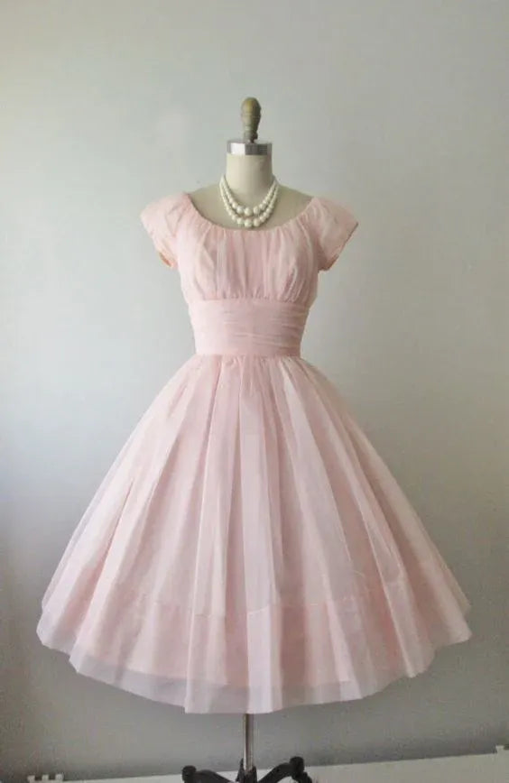Blush Pink Cap Sleeve Scoop Neck Ruched Waist Midi Homecoming Dress