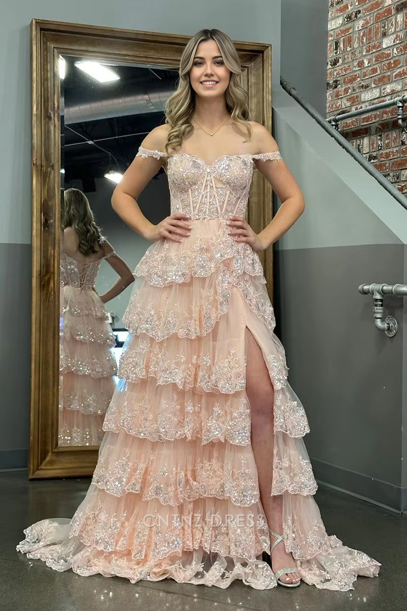 Wholesa A Line Long Off the Shoulder Sweetheart Sleeveless Tiered Ruffles Tulle formal dresses Bridesmaid Dresses evening gown Prom Dress With Split