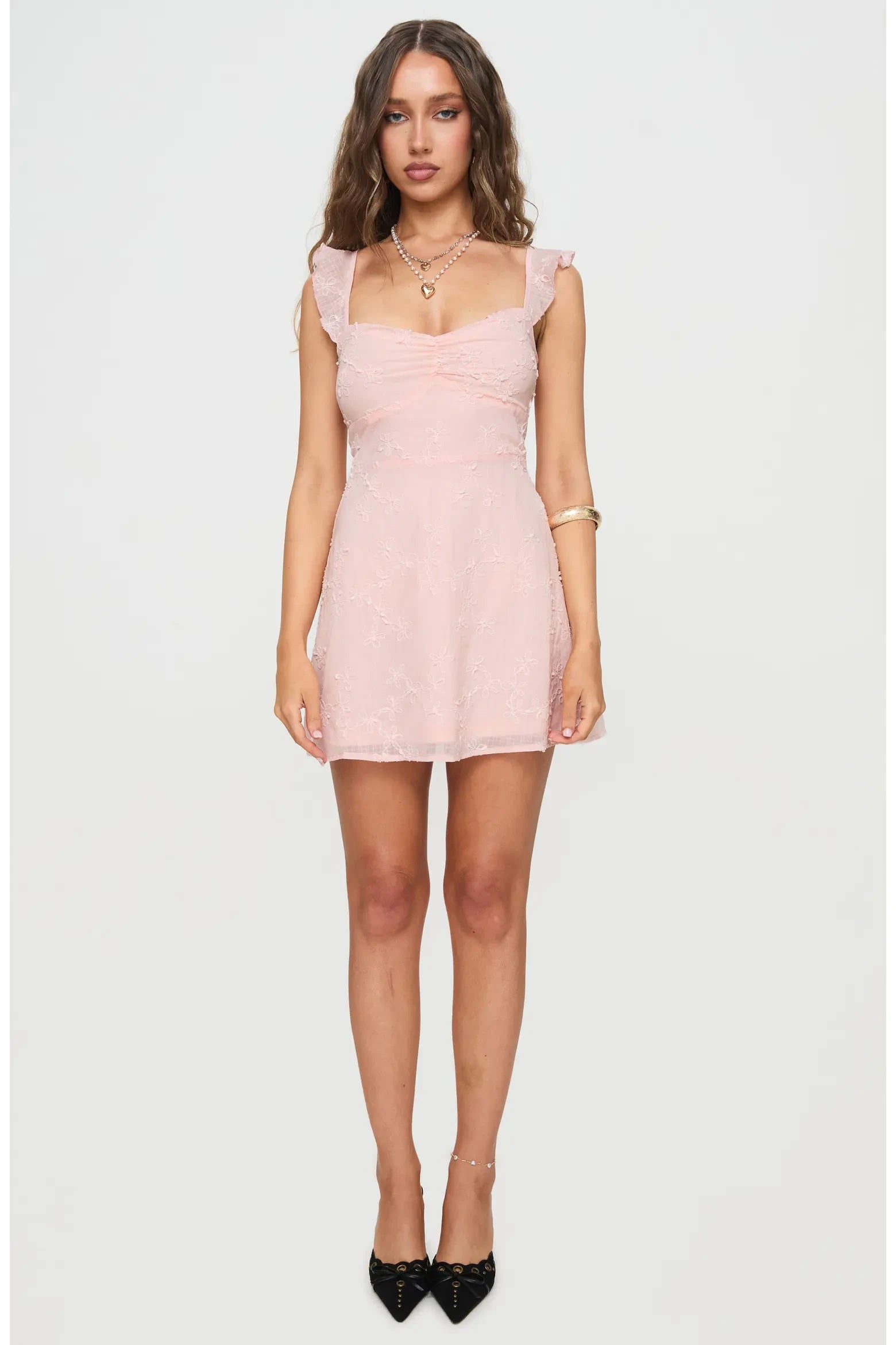 Blush Pink Elegant A-Line Sweetheart Ruffled Strap Lace-Up Back Mini Embroidered Homecoming Dresses