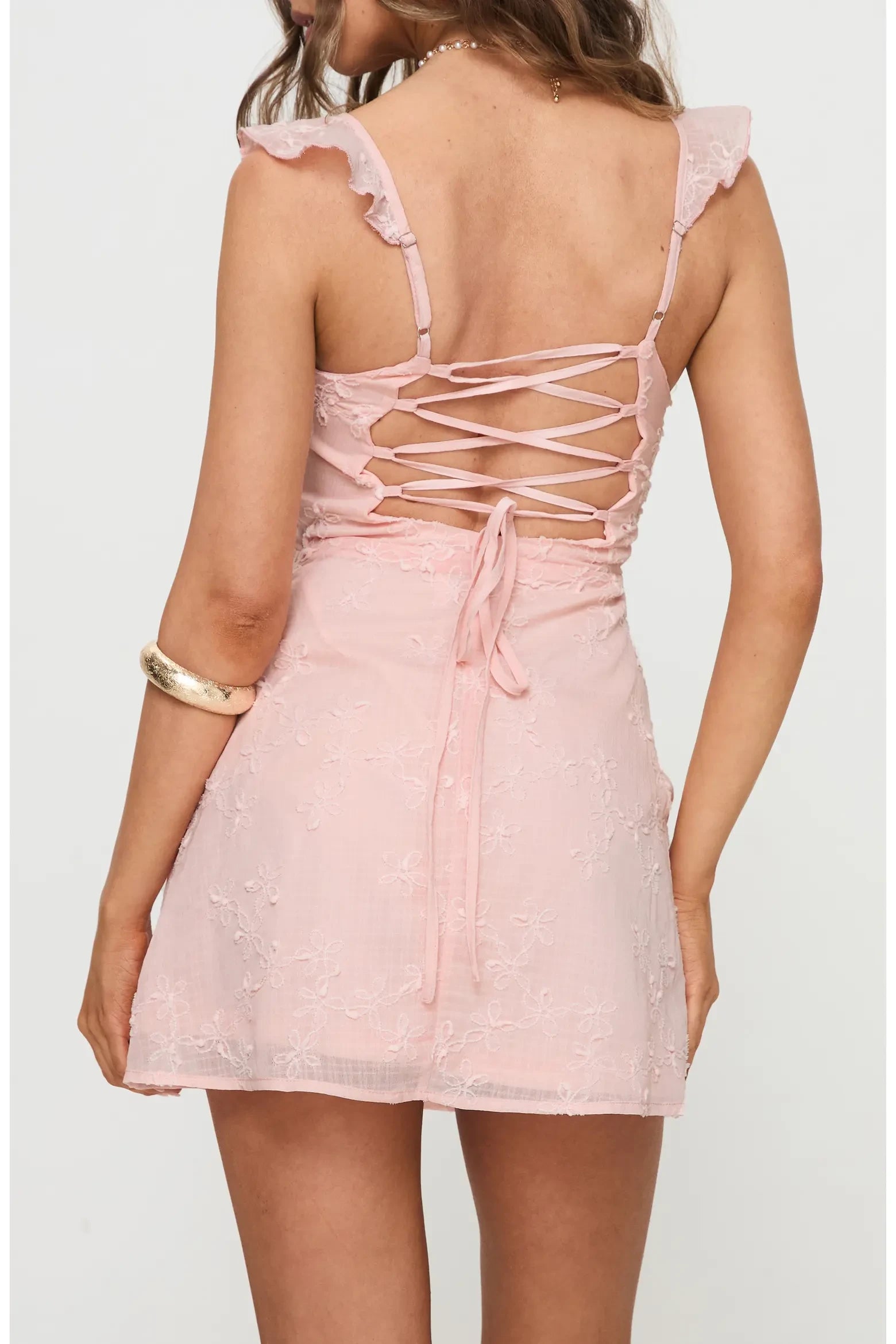 Blush Pink Elegant A-Line Sweetheart Ruffled Strap Lace-Up Back Mini Embroidered Homecoming Dresses
