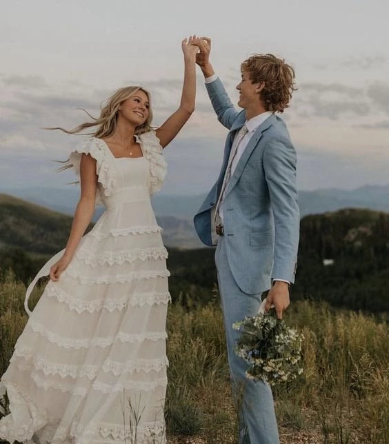 Bohemian A-Line Square Neck Ruffle Sleeve Open Back Floor Length Wedding Dress