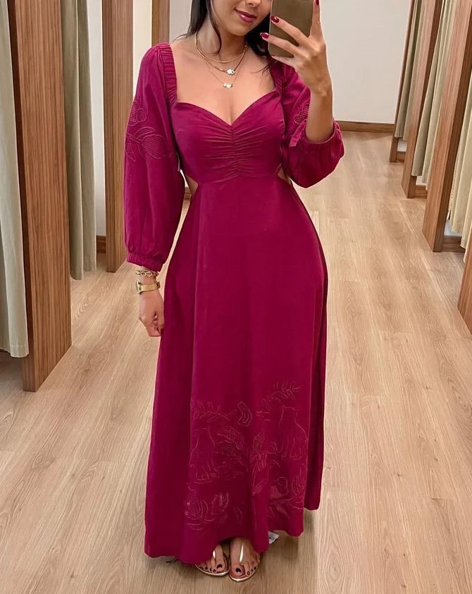 Bohemian A-Line Sweetheart Puff-Sleeve Cut-Out Maxi-Length Evening Dress