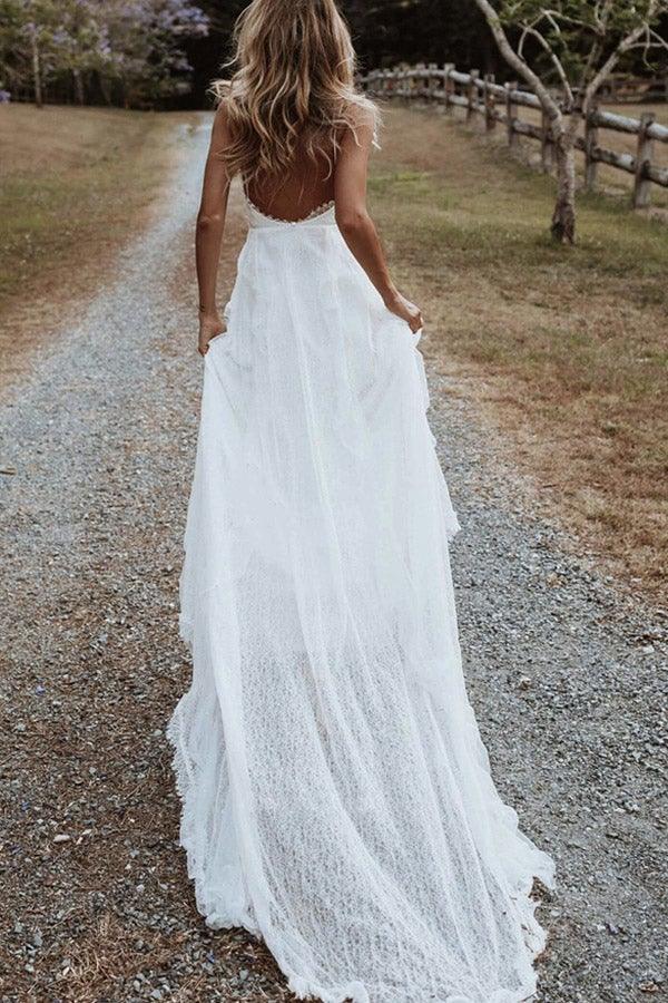 Wholesa Bohemian A Line V Neck Lace Appliques Wedding Dresses with Split