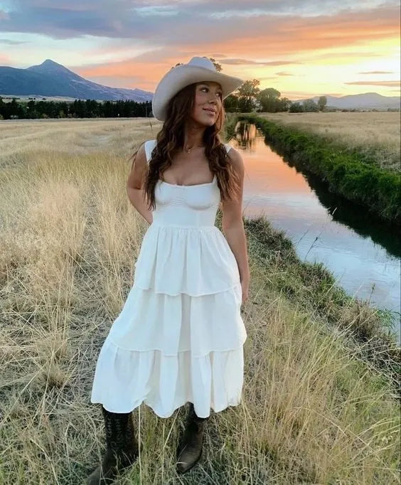 Boho A-Line Square Neck Wide Strap Tiered Ruffle Midi Casual Evening Dress
