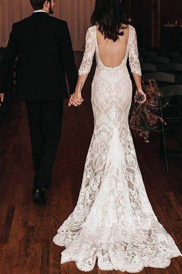 Wholesa Boho Mermaid Lace V Neck Wedding Dresses With Court train
