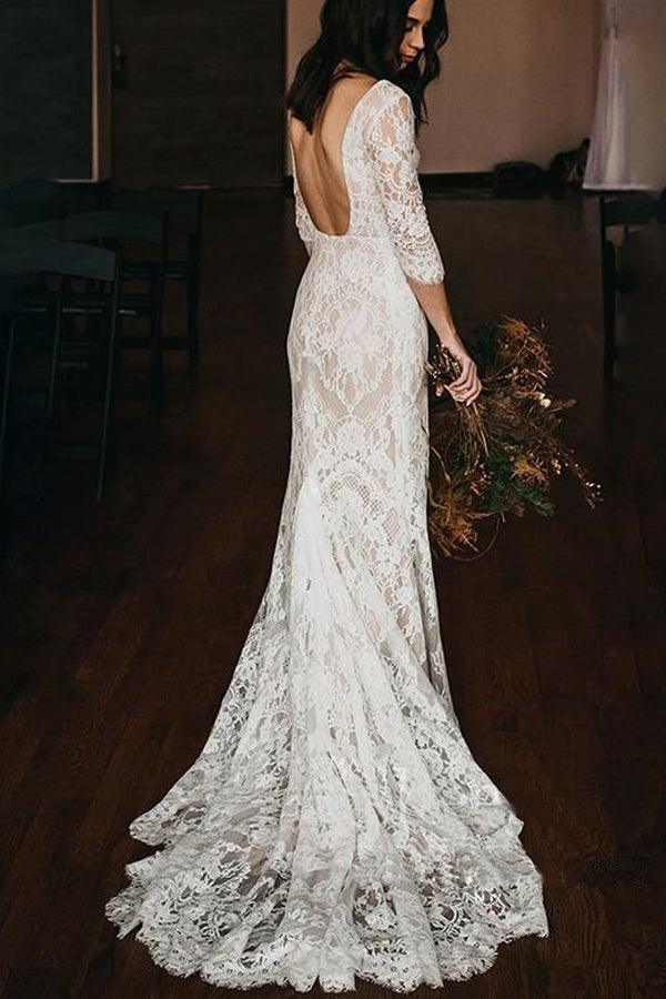 Wholesa Boho Mermaid Lace V Neck Wedding Dresses With Court train
