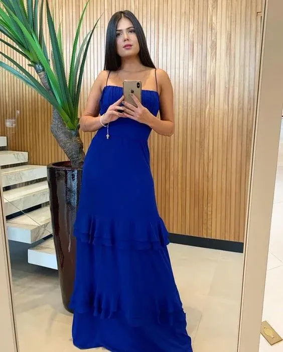 Bold A-Line Straight Neck Spaghetti Strap Plain Back Floor Length Formal Evening Dress