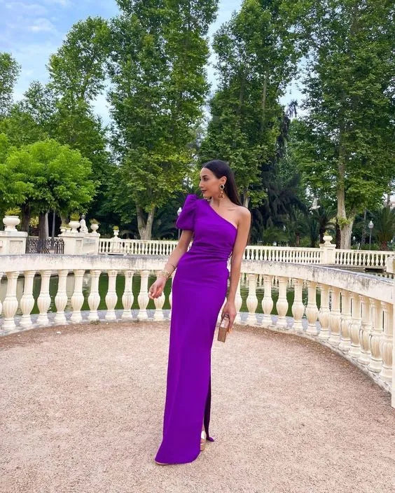 Bold Mermaid One-Shoulder Puff-Sleeve High-Slit Floor-Length Formal Evening Dress