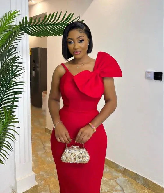 Bold Midi Mermaid One-Shoulder Bow Plain Back Formal Evening Dress