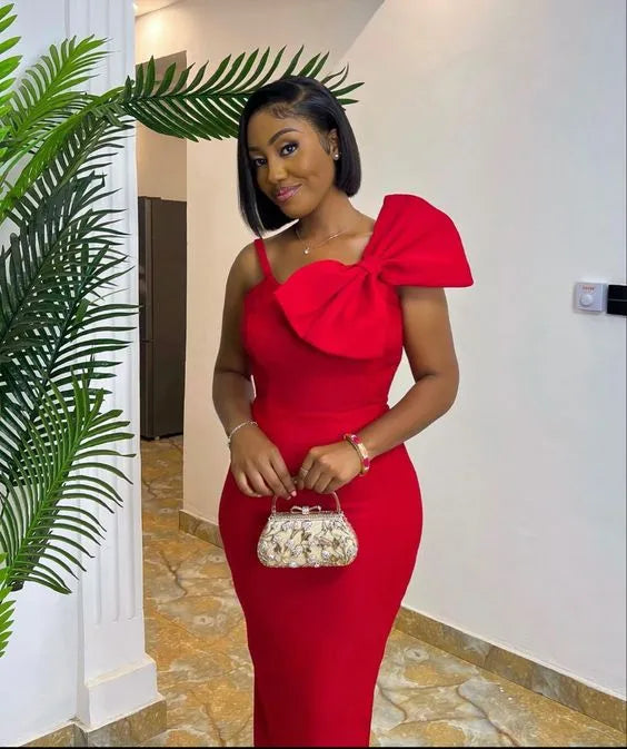Bold Midi Mermaid One-Shoulder Bow Plain Back Formal Evening Dress