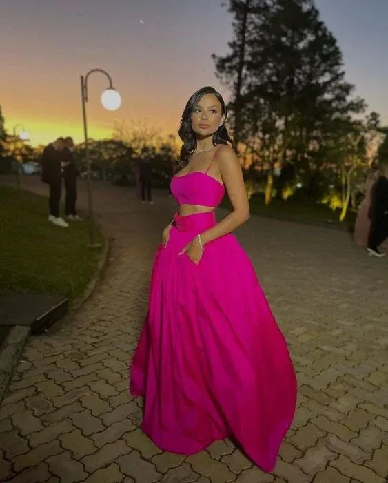 Bold Two-Piece Spaghetti Strap Crop Top Pocket A-Line Floor-Length Satin Formal Evening Dress
