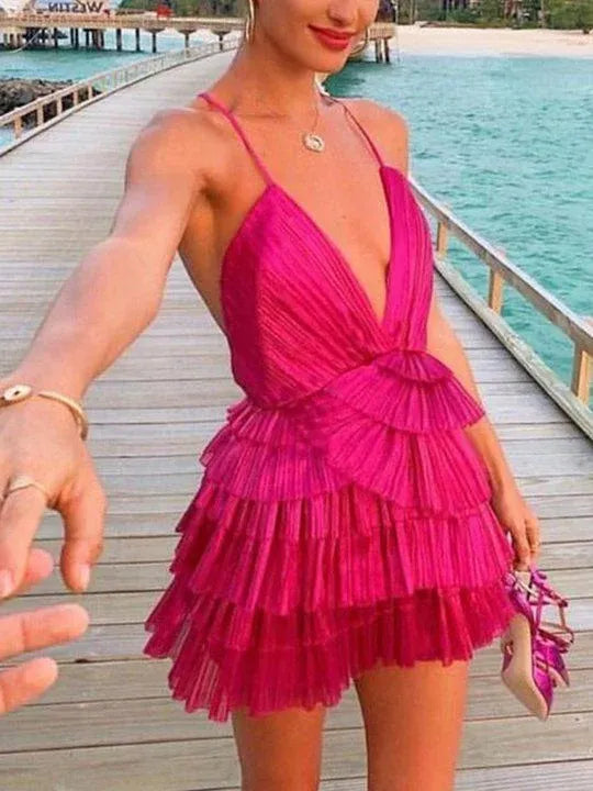 Bright Fuchsia Deep V Spaghetti Strap Tiered Pleated Mini Homecoming Dress