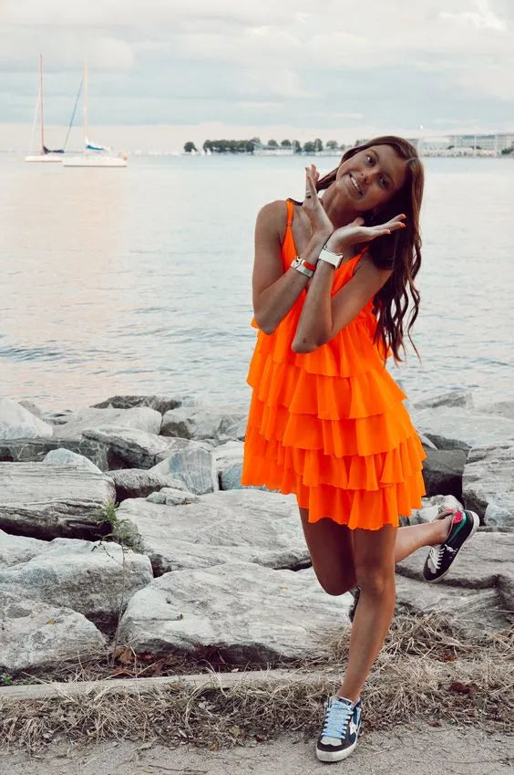 Bright Orange V Neck Spaghetti Strap Tiered Ruffle Mini Homecoming Dress