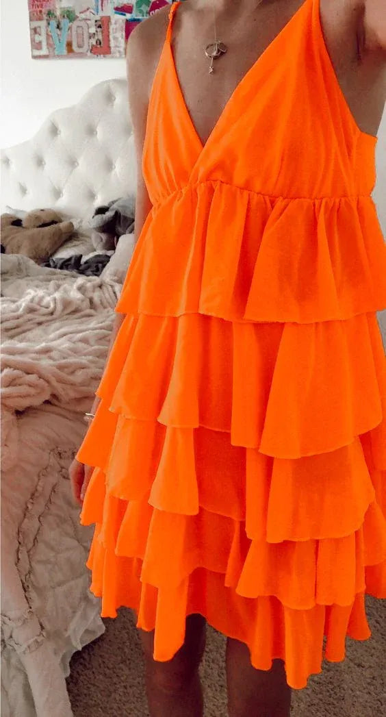 Bright Orange V Neck Spaghetti Strap Tiered Ruffle Mini Homecoming Dress