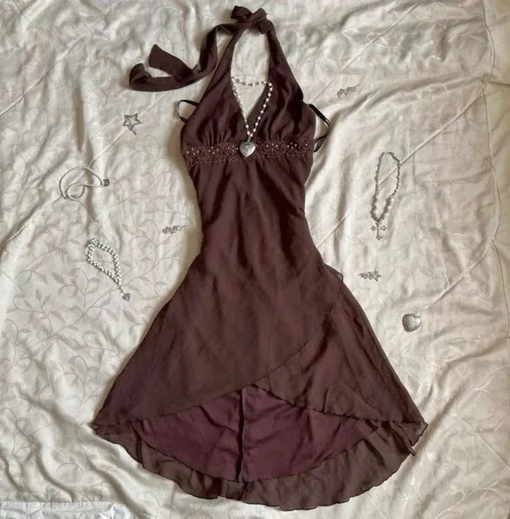 Brown Halter Neck Lace Waist Asymmetric Hem Midi Homecoming Dress