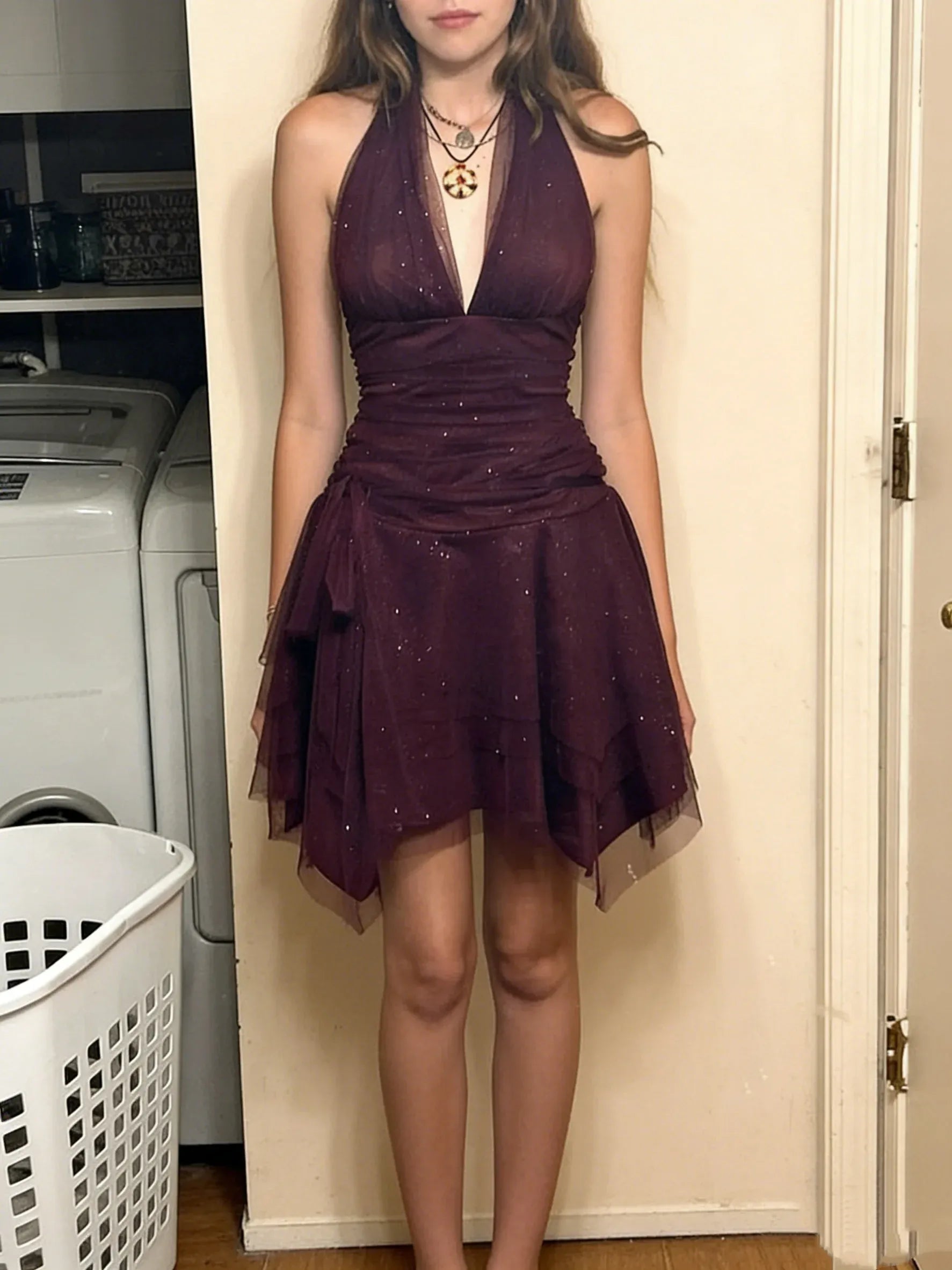 Burgundy Halter Neck Sparkly Mesh Tiered Ruffle Mini Homecoming Dress