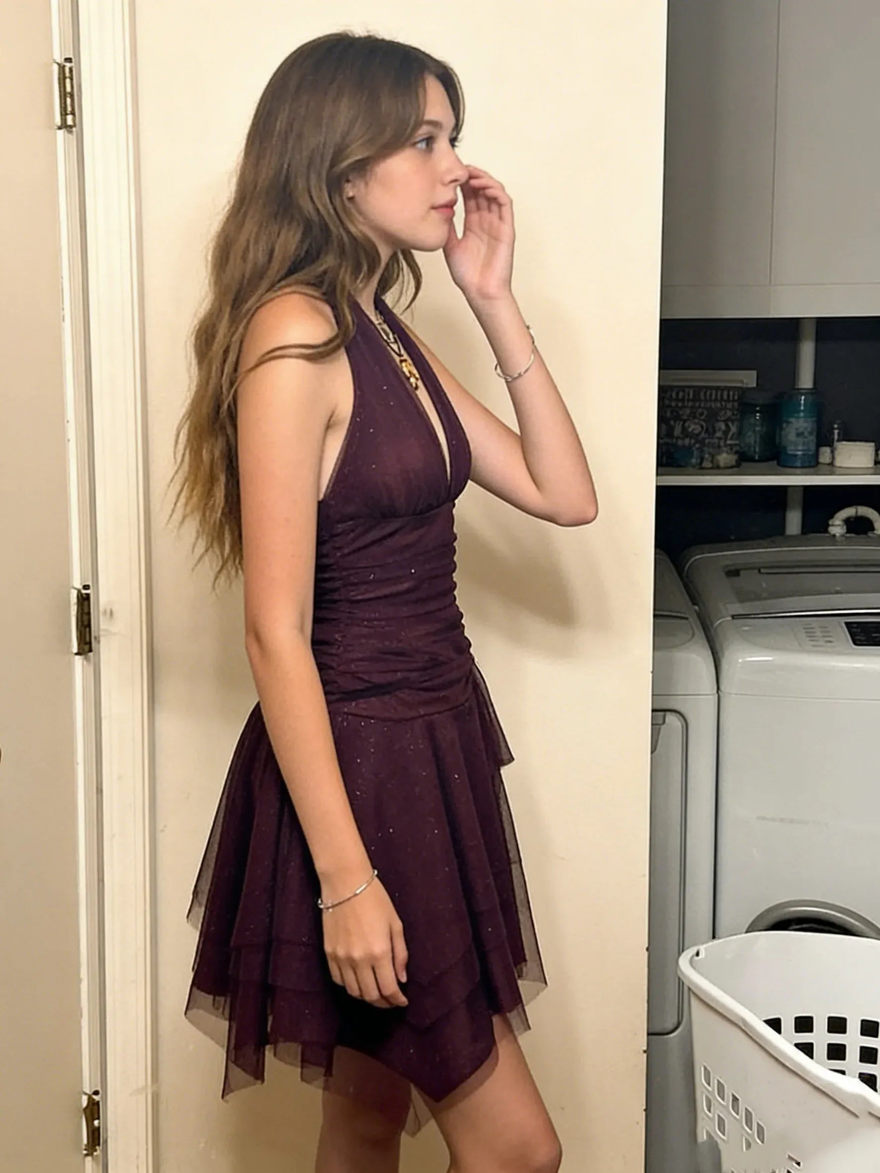 Burgundy Halter Neck Sparkly Mesh Tiered Ruffle Mini Homecoming Dress