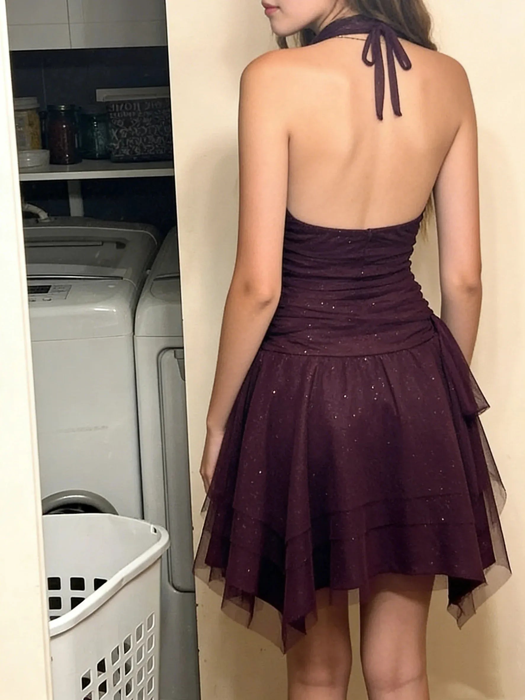Burgundy Halter Neck Sparkly Mesh Tiered Ruffle Mini Homecoming Dress