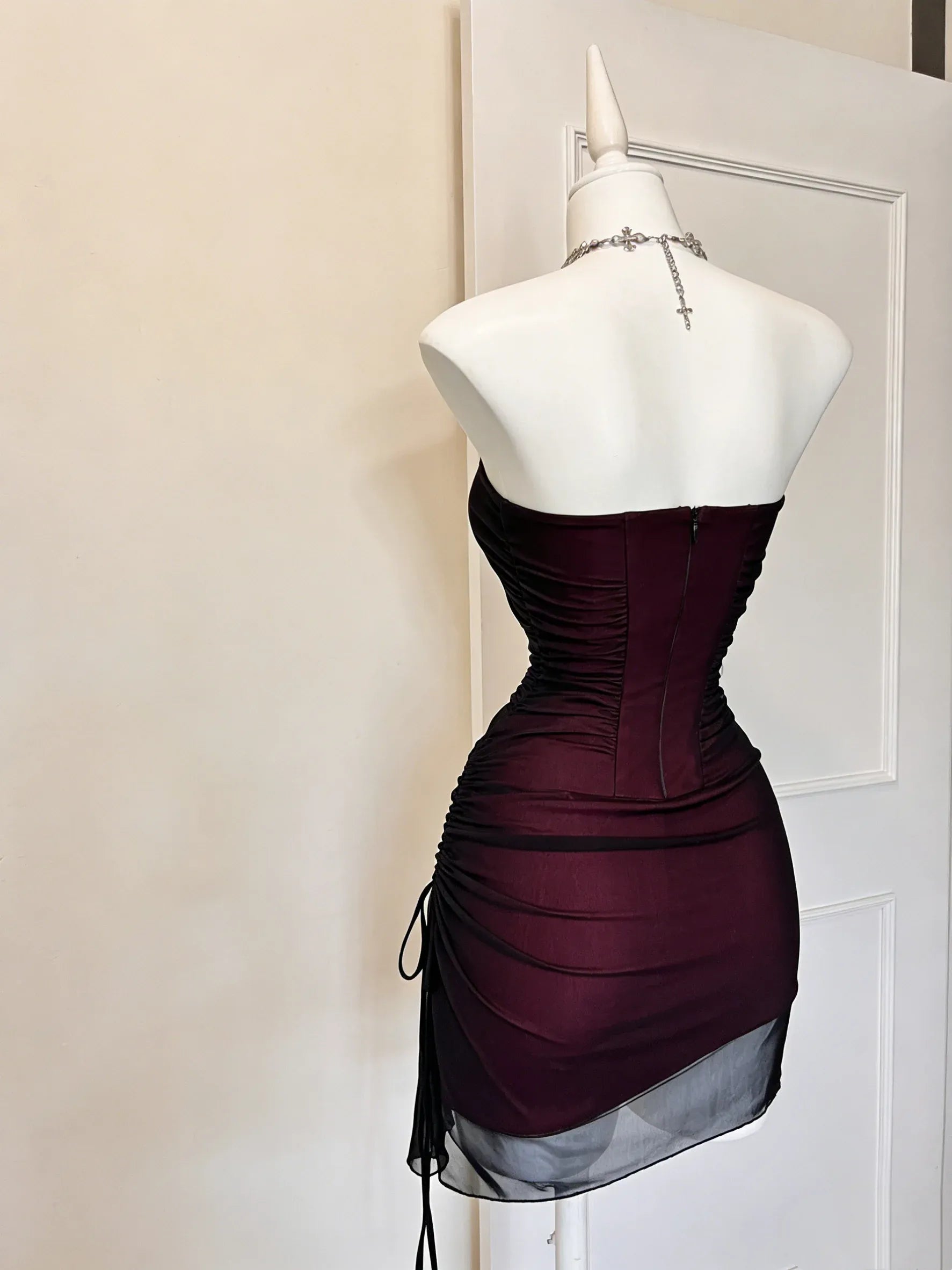 Burgundy Strapless Mesh Ruched Drawstring Bodycon Mini Homecoming Dress