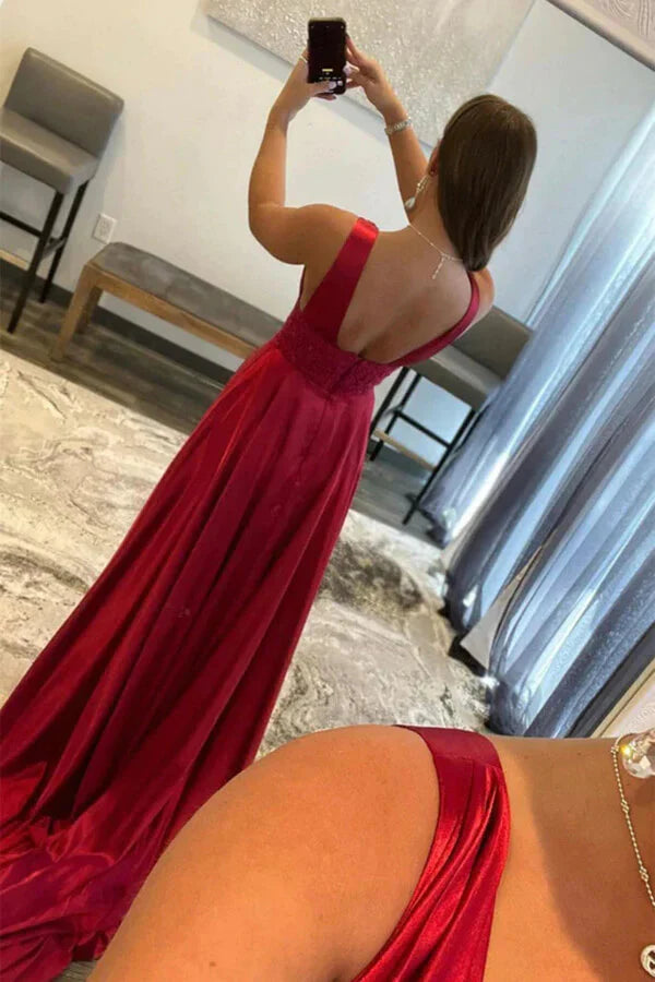 Wholesa A-line V-neck Silk Satin Prom Dresses with Slit