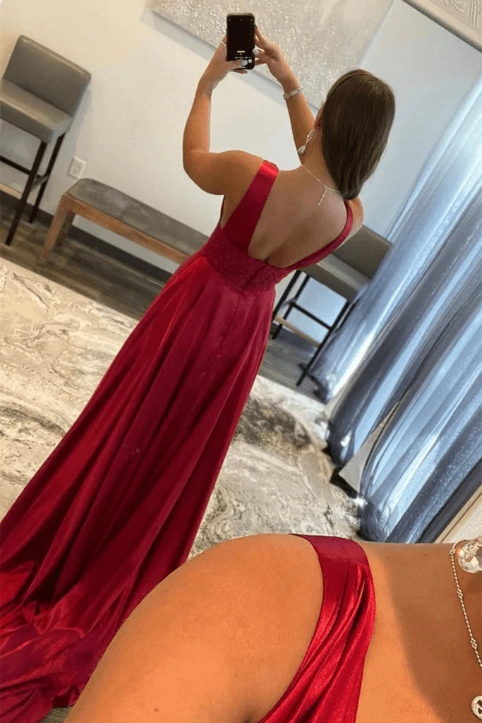 Wholesa A-line V Neck Lace Burgundy Long Prom Evening Dress with High Slit