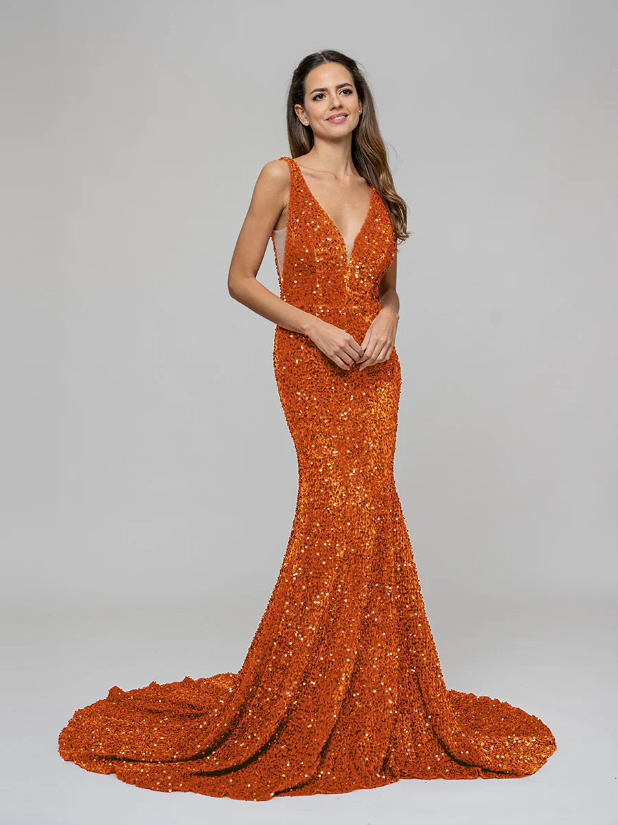 Wholesa Mermaid Plunging V Neck Sequin Fitted Sexy Prom Dresses