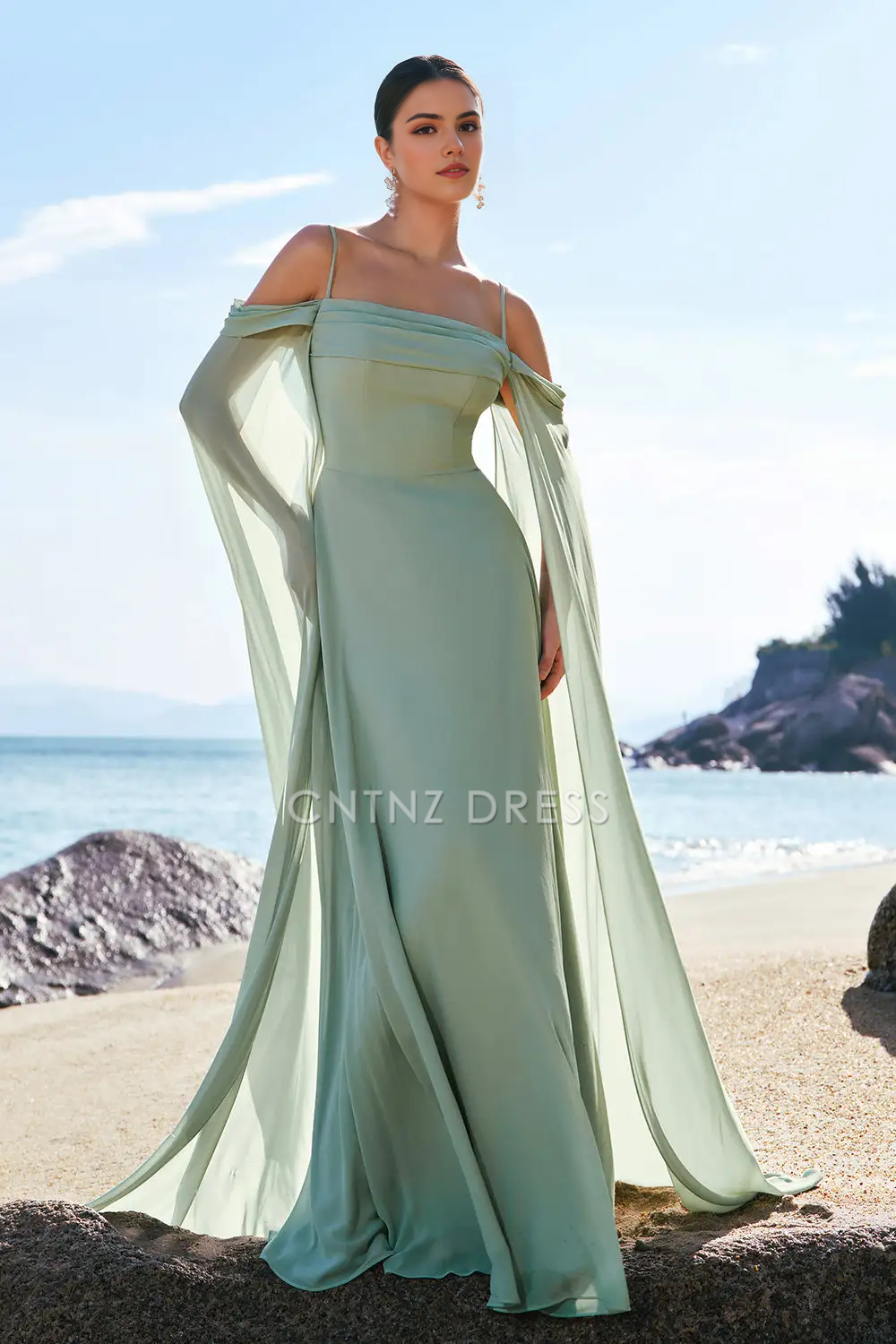 CNTNZ DRESS A-Line Spaghetti Strap Cold Shoulder Flutter Sleeves Fantastic Long Hot Sale Prom Dress