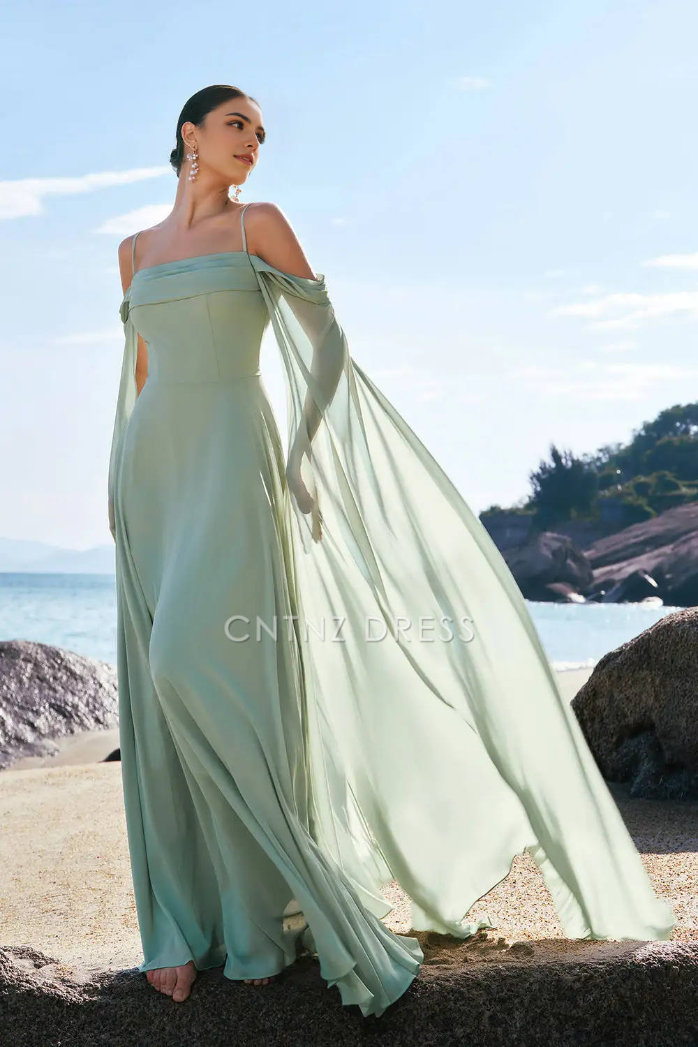 CNTNZ DRESS A-Line Spaghetti Strap Cold Shoulder Flutter Sleeves Fantastic Long Hot Sale Prom Dress