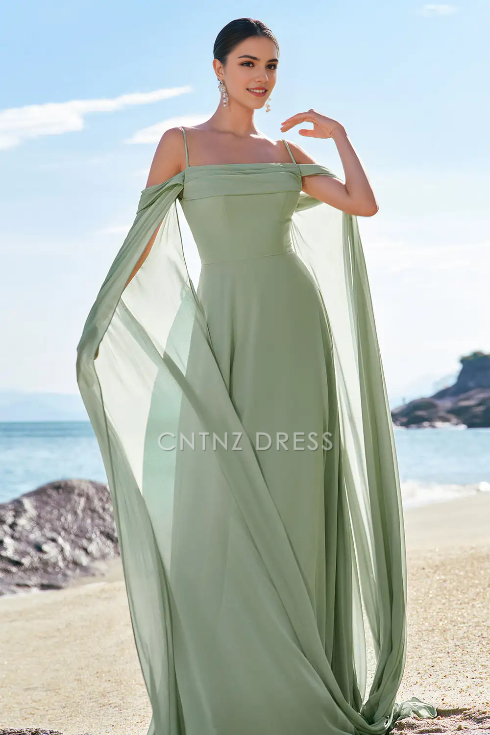CNTNZ DRESS A-Line Spaghetti Strap Cold Shoulder Flutter Sleeves Fantastic Long Hot Sale Prom Dress
