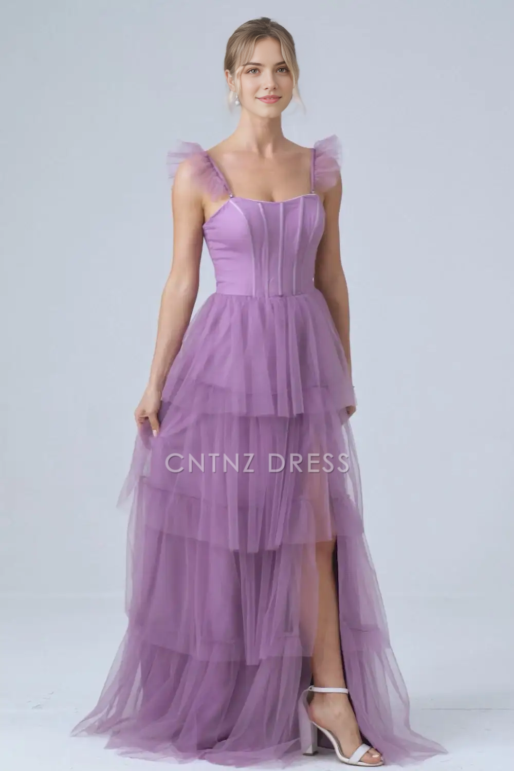 CNTNZ DRESS A-Line Spaghetti Strap Sweetheart Backless Tiered Ruched With Fork Exquisite Long Hot Sale Prom Dress