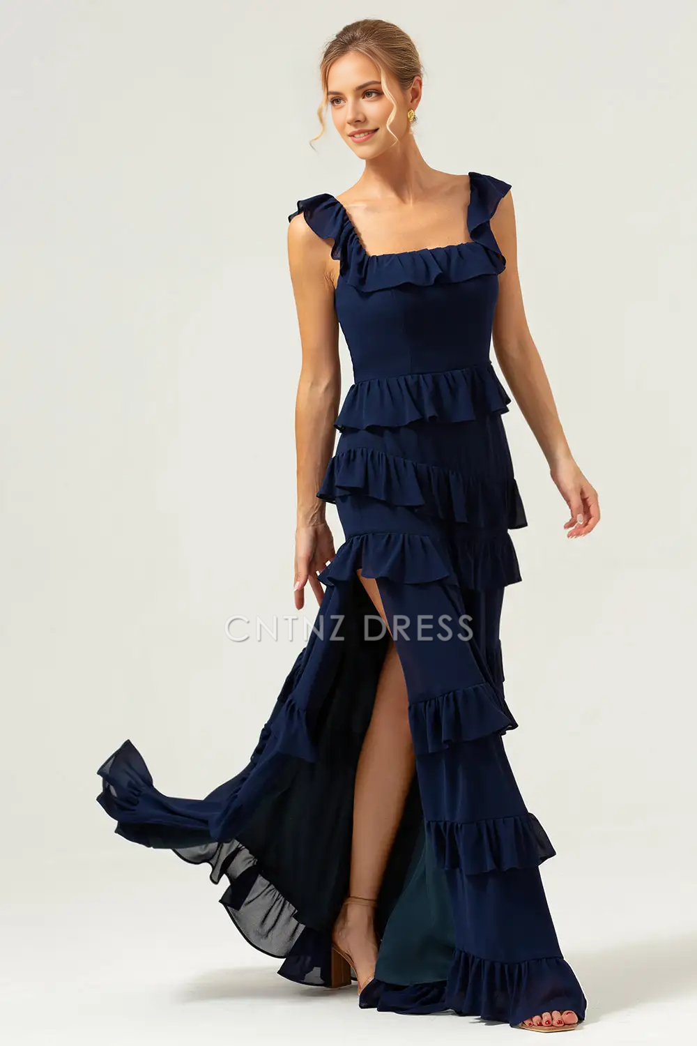 CNTNZ DRESS A-Line Square Neck Sleeveless Tiers Ruffleed With Slit Long Hot Sale Prom Dress