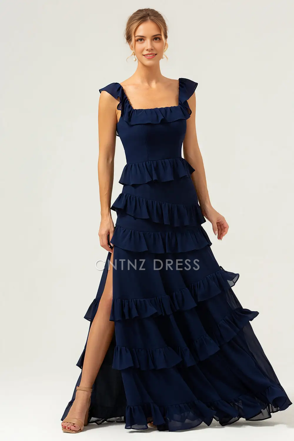 CNTNZ DRESS A-Line Square Neck Sleeveless Tiers Ruffleed With Slit Long Hot Sale Prom Dress