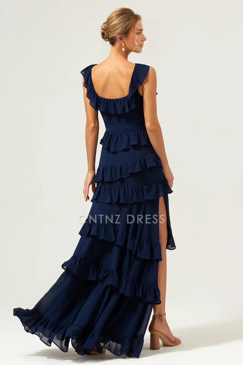CNTNZ DRESS A-Line Square Neck Sleeveless Tiers Ruffleed With Slit Long Hot Sale Prom Dress