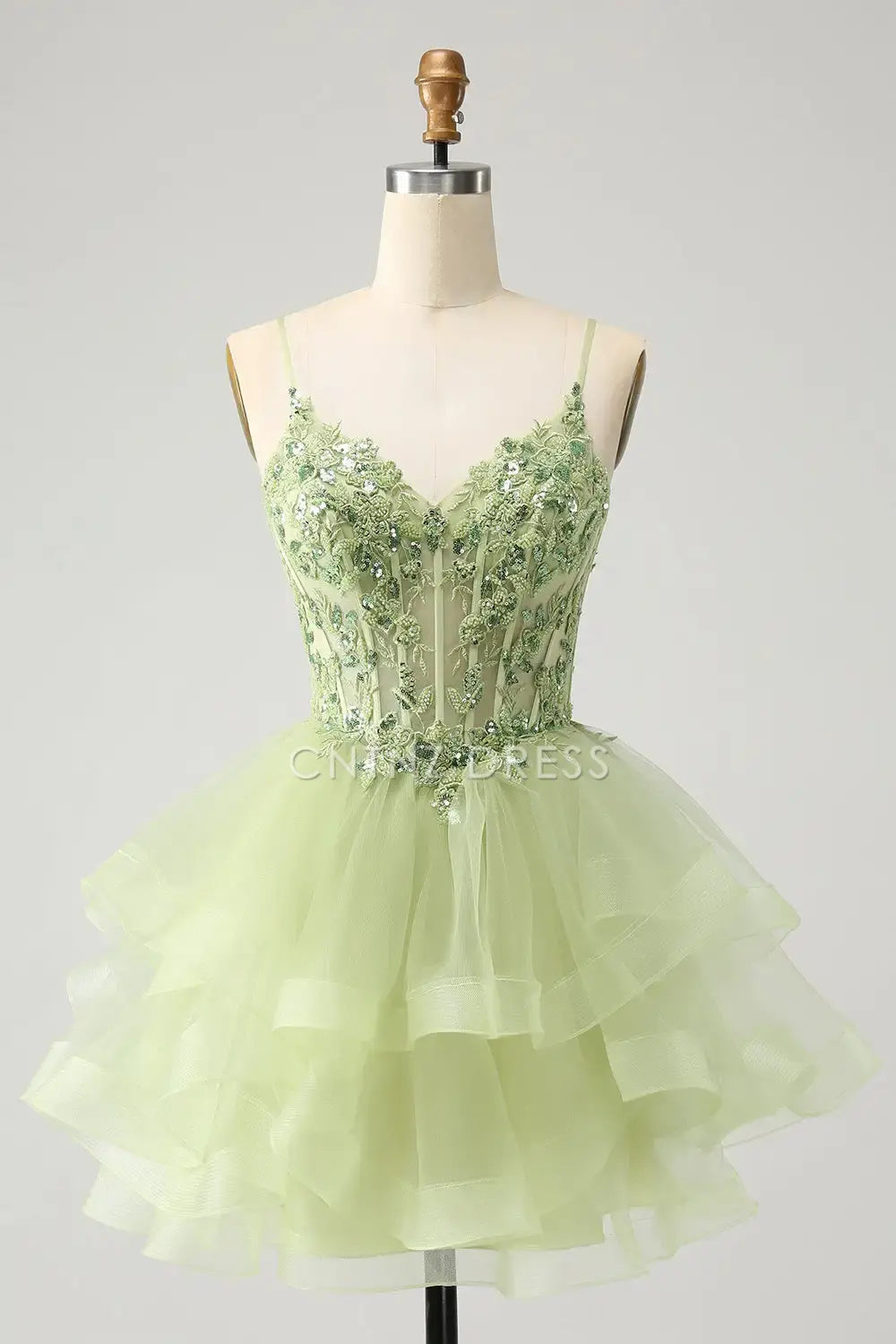 CNTNZ DRESS A-Line V Neck Spaghetti Strap Backless Tulle Tiered Appliques Gorgeous Short Dress Hot Sale Homecoming Dress
