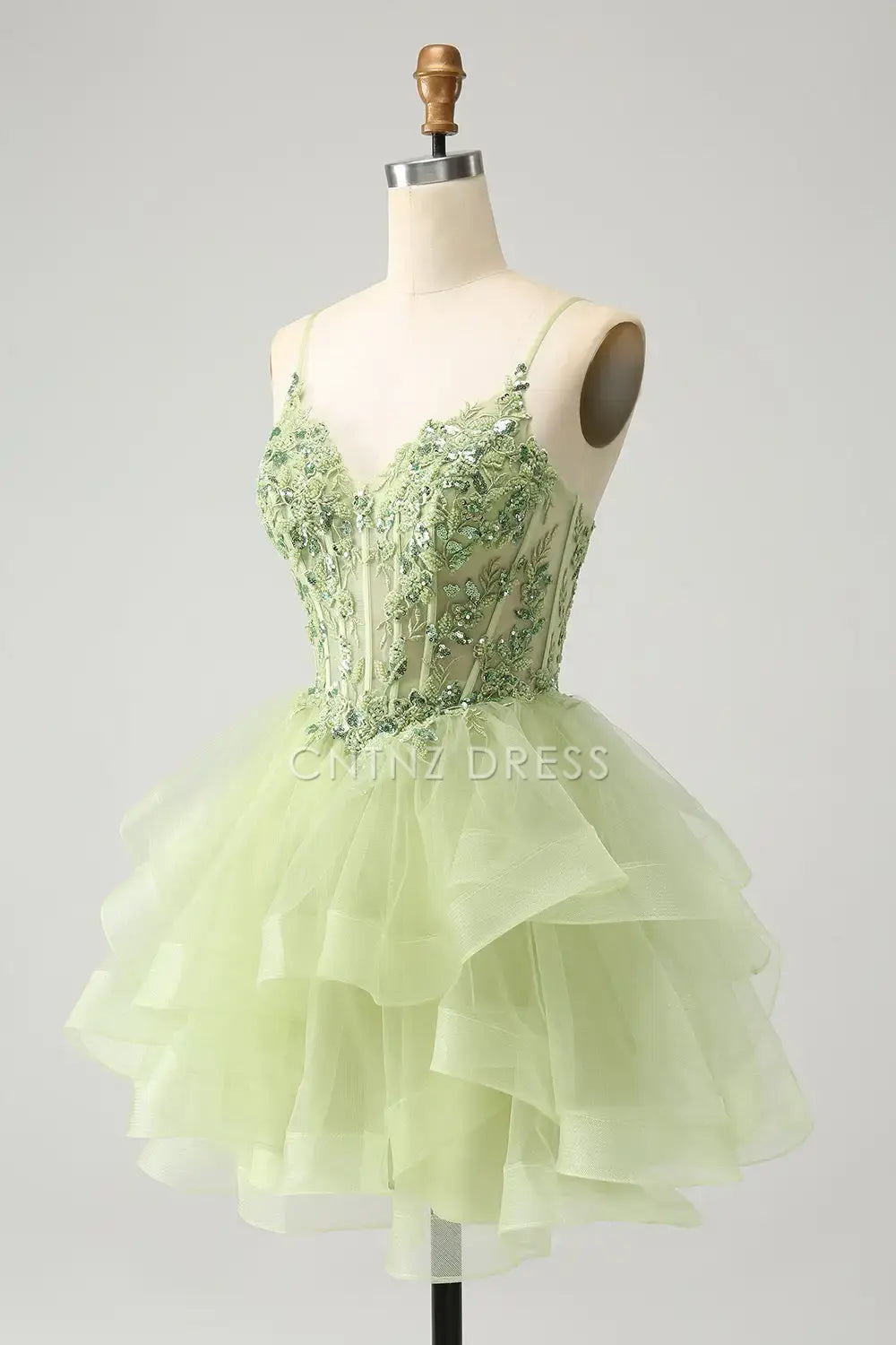 CNTNZ DRESS A-Line V Neck Spaghetti Strap Backless Tulle Tiered Appliques Gorgeous Short Dress Hot Sale Homecoming Dress