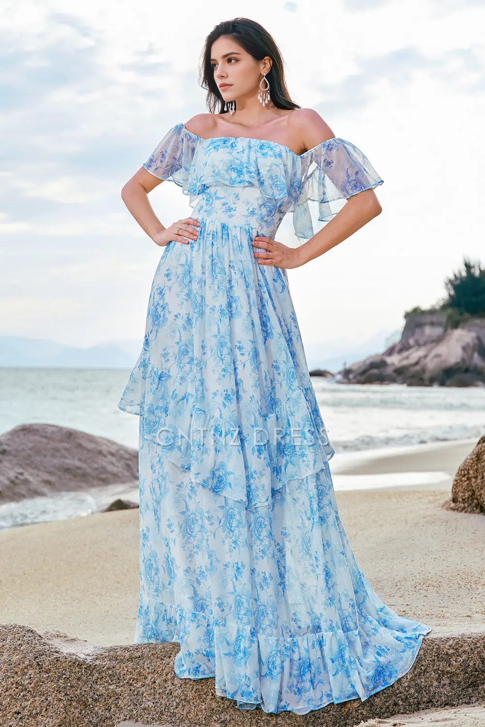 CNTNZ DRESS A Line Off The Shoulder Backless Ruffles Printing Boho Exquisite Long Hot Sale Prom Dress