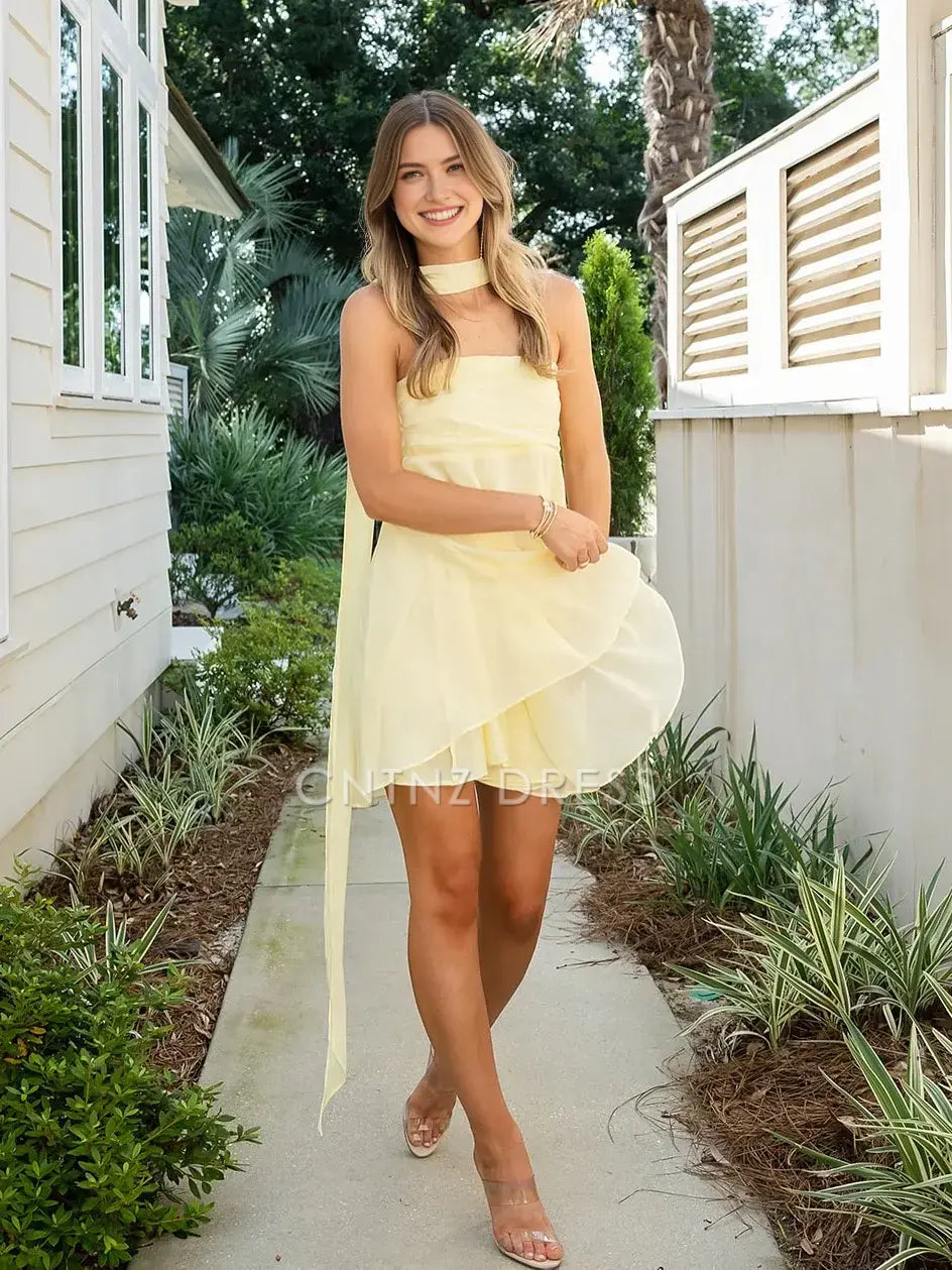 CNTNZ DRESS A Line Strapless Pleated Flutter Dress with Scarf Simple Cocktail Dress Short Homecoming Dress