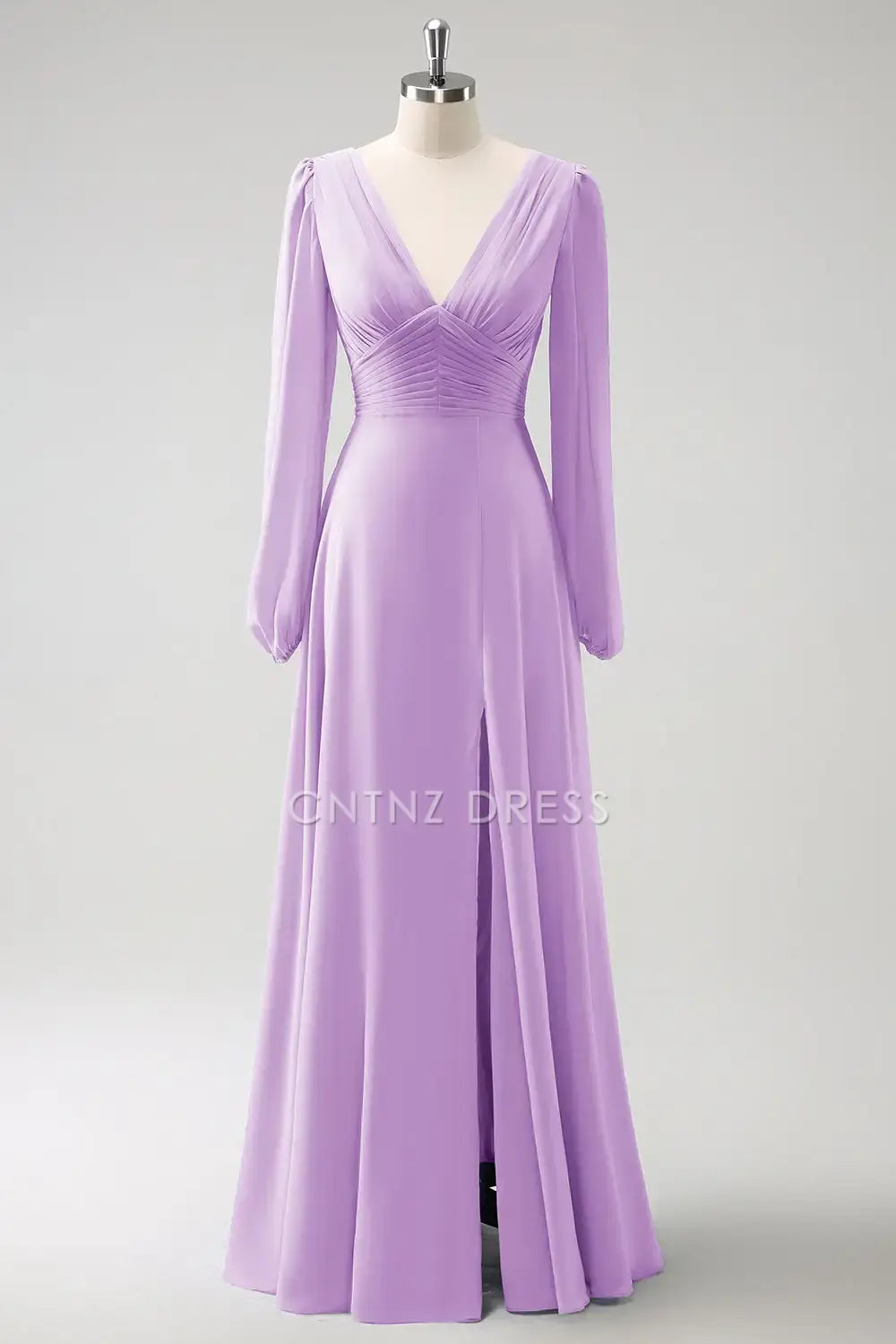 CNTNZ DRESS A Line V-Nack Pleated Long Sleeves Side Fork Elegant Long Hot Sale Prom Dress