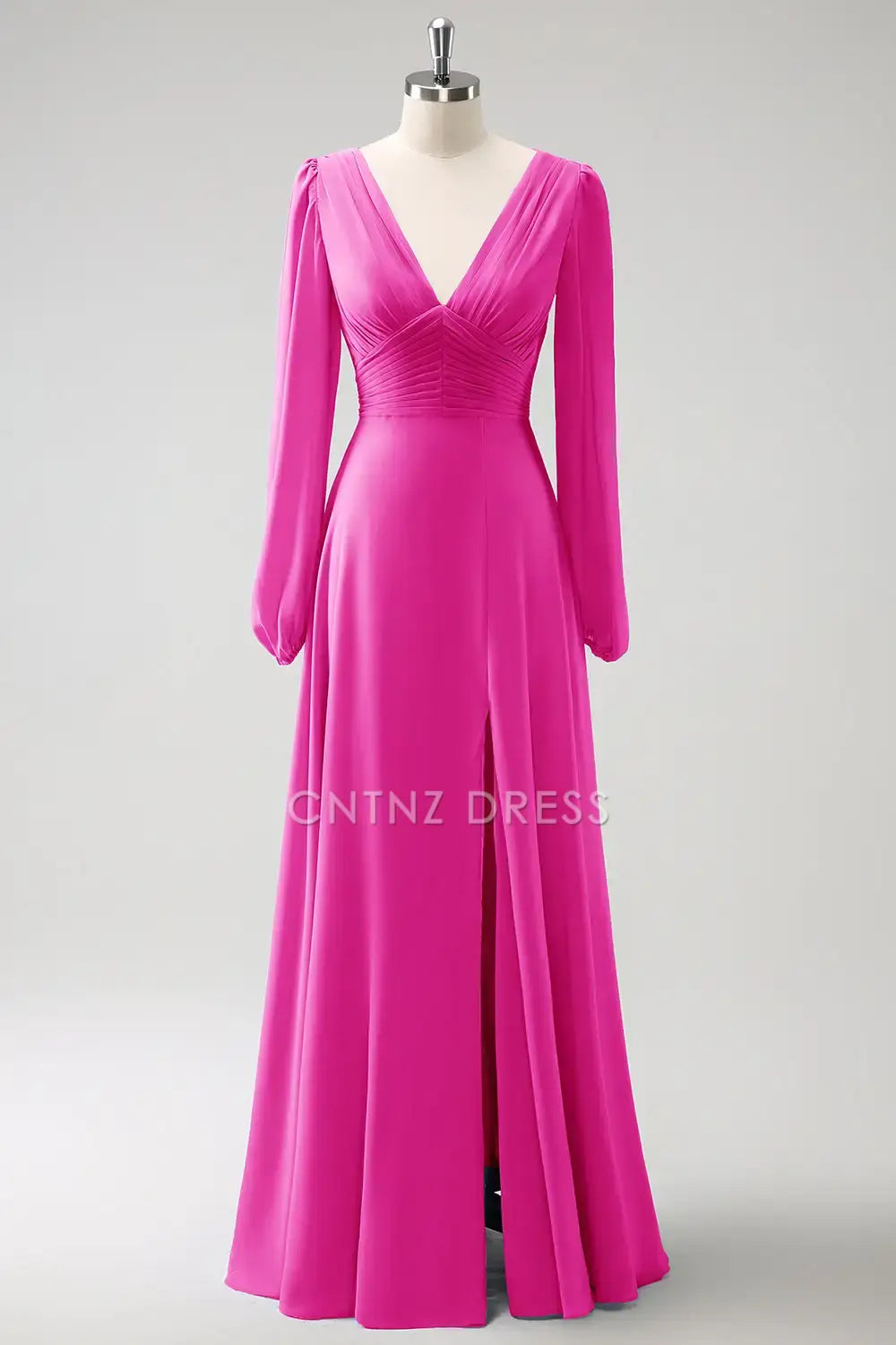 CNTNZ DRESS A Line V-Nack Pleated Long Sleeves Side Fork Elegant Long Hot Sale Prom Dress