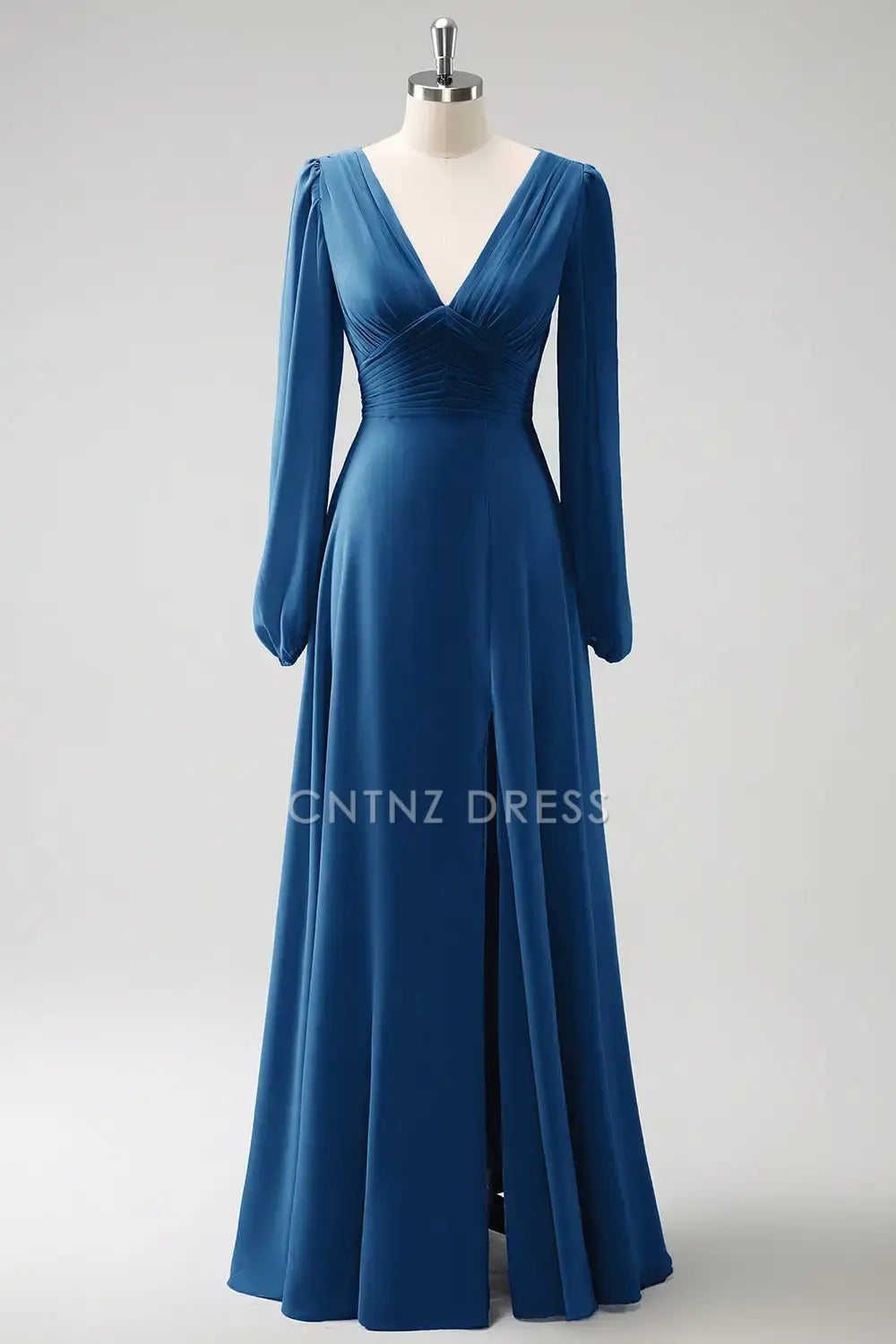 CNTNZ DRESS A Line V-Nack Pleated Long Sleeves Side Fork Elegant Long Hot Sale Prom Dress