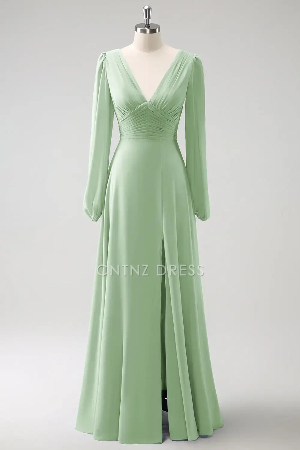 CNTNZ DRESS A Line V-Nack Pleated Long Sleeves Side Fork Elegant Long Hot Sale Prom Dress